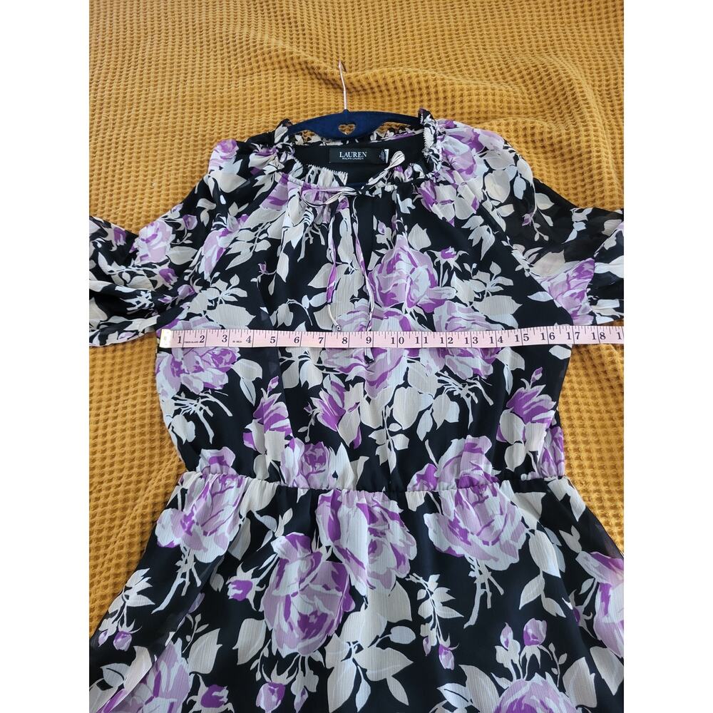 Ralph Lauren Floral Crinkle Georgette Tie Black Lavender Sparkle Dress EUC 8 - Picture 4 of 8
